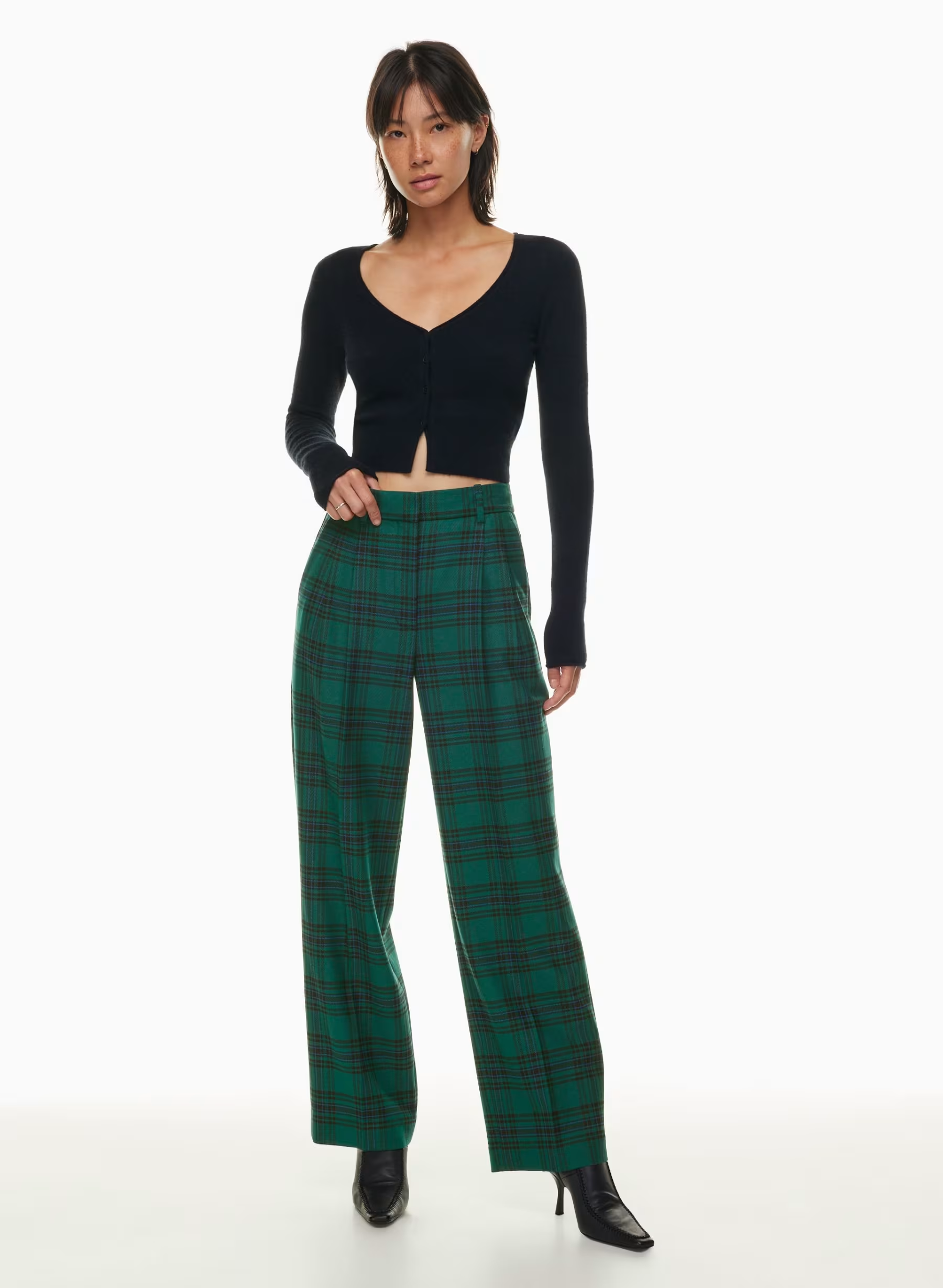 Black cropped cardigan with green plaid Aritzia Effortless Pant